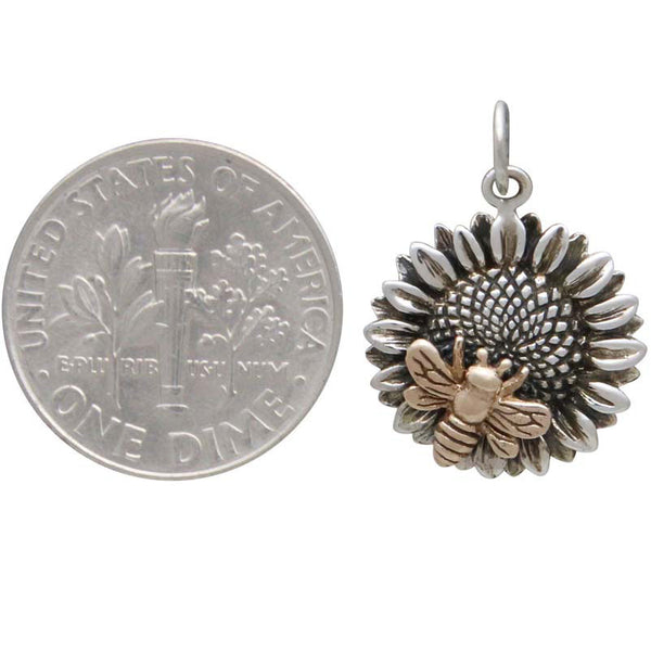 SUNFLOWER AND BEE CHARM MIXED METAL STERLING SILVER AND BRONZE 2