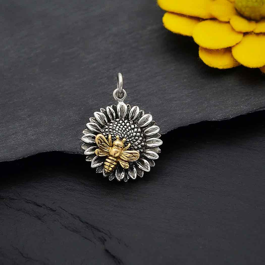 SUNFLOWER AND BEE CHARM MIXED METAL STERLING SILVER AND BRONZE