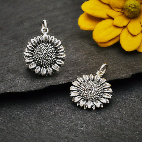 SUNFLOWER CHARM STERLING SILVER FLORAL PENDANT