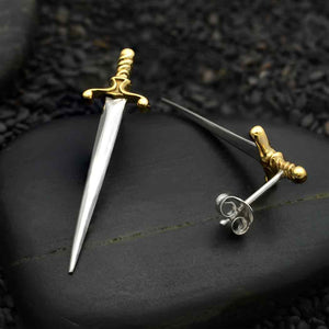 SWORD EARRINGS STERLING SILVER AND BRONZE LONG STUDS