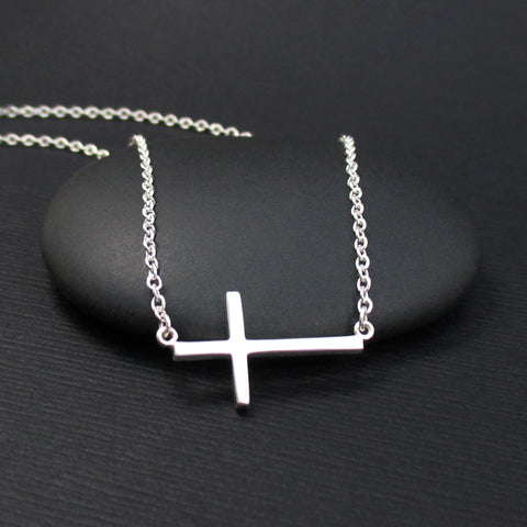 Sideways Cross Necklace Sterling Silver Horizontal Cross Charm