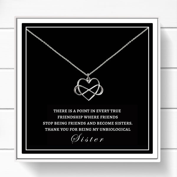 UNBIOLOGICAL SISTER NECKLACE GIFT SISTER INFINITY HEART NECKLACE WITH MESSAGE CAR AND BOX